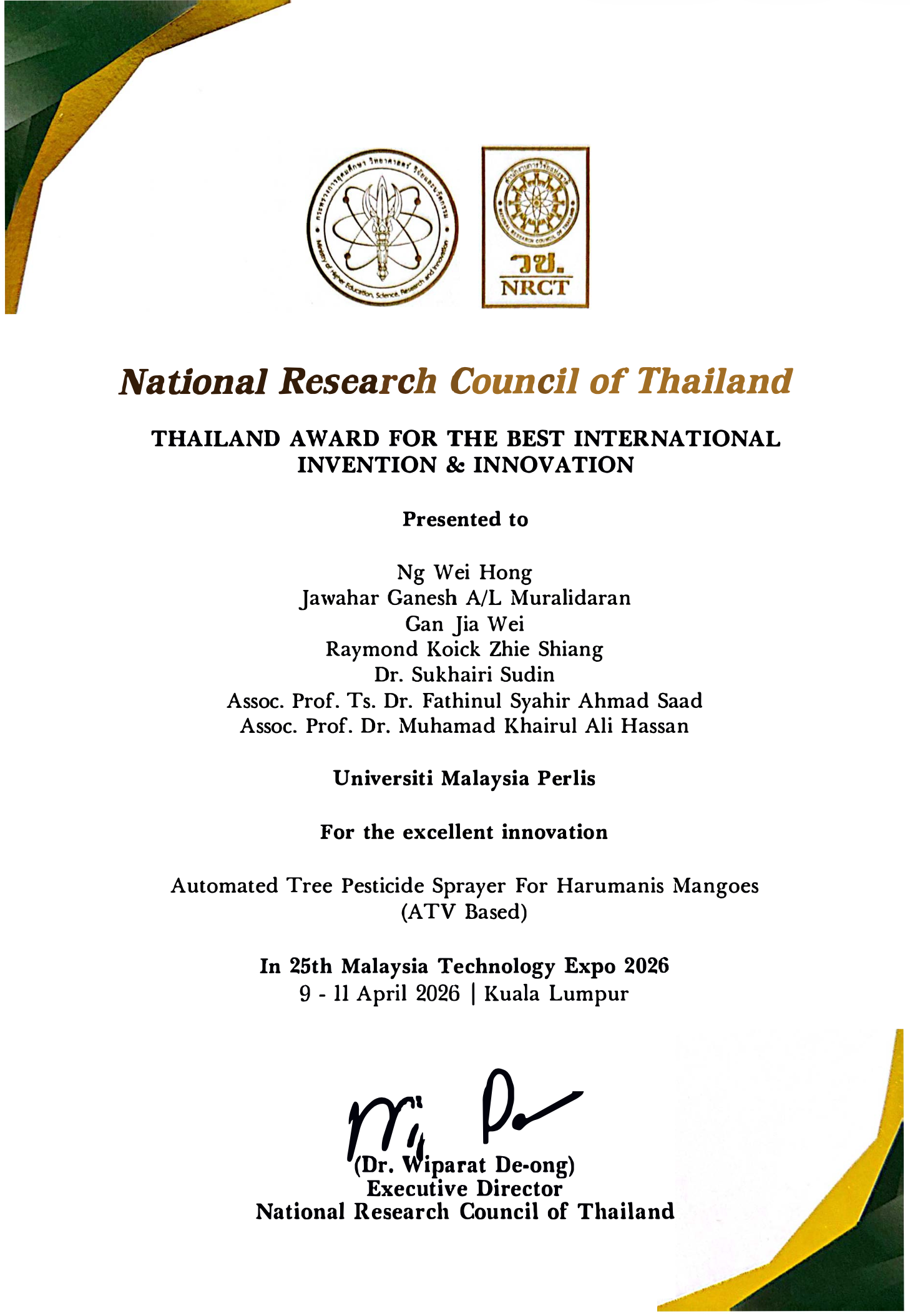 THAILAND AWARD FOR THE BEST INTERNATIONAL INVENTION & INNOVATION